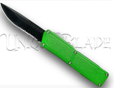 Lightning Zombie Edition Green OTF Automatic Knife - Black Serrated - Undead Precision - This OTF automatic knife in zombie green features a black serrated blade, delivering both style and functionality for the apocalypse-ready enthusiast.