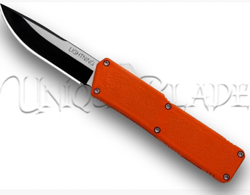Lightning Orange OTF Automatic Knife: Two-Tone Plain - Make a statement with this vibrant orange out-the-front automatic knife, featuring a two-tone plain blade for a perfect blend of style and functionality from the Lightning collection.