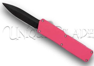 Lightning Pink OTF Automatic Knife: Sleek Black Dagger Design with a Plain Blade – Unleash Precision and Feminine Style in Every Swift Deployment.