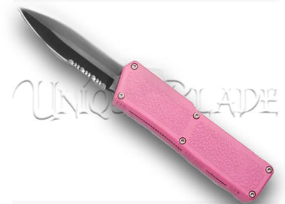 Lightning Pink OTF Automatic Knife - Black Dagger - Serrated Blade: A bold and distinctive OTF knife with a black dagger-style serrated blade, combining style and functionality in a compact design.
