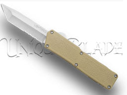 Lightning Tan OTF Automatic Knife: Tanto Satin Serrated Design – Unleash Precision and Style with Every Swift Deployment in a Distinctive Tan Hue.