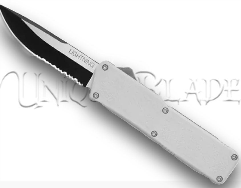Lightning White OTF Automatic Knife - Two-Tone Serrated