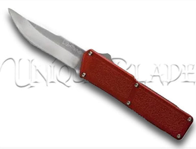 Lightning Red OTF Automatic Knife - Satin - Plain Blade: Striking in red, this OTF knife features a satin plain blade, offering a sleek and reliable cutting tool with a touch of bold style.