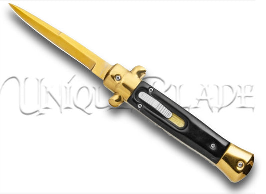 Mago 9" Black Acrylic Italian Stiletto OTF Automatic Knife - Gold Bayonet