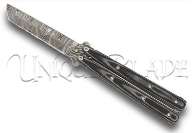 Micarta Simple Butterfly Black Knife: Damascus Steel Blade Tanto Point Balisong - A fusion of elegance and strength, this balisong features a black Micarta handle, a Damascus steel blade, and a striking tanto point design.