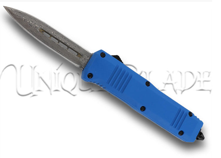 Moody Blue Miniature Damascus Steel Automatic Dual Action Out The Front Knife