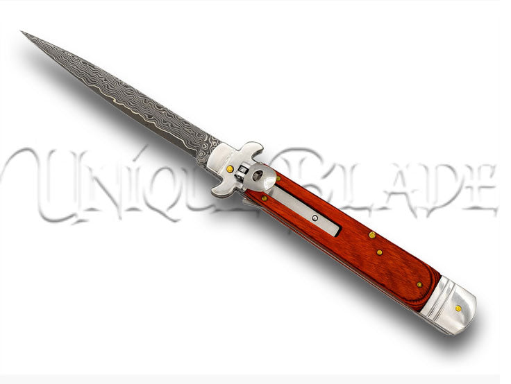 Morning Glory Automatic Lever Lock Damascus Steel Stiletto Knife - Dawn of Elegance - This lever lock stiletto knife with Damascus steel and an automatic mechanism showcases morning glory beauty in every detail, offering a perfect blend of style and functionality