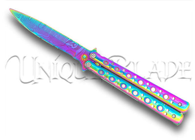 Mutation Warning Balisong Flipper Butterfly Knife - Titanium Damascus Drop Point Blade - Unleash the Extraordinary - This balisong flipper features a titanium handle and a striking Damascus drop point blade, delivering a fusion of style and performance.