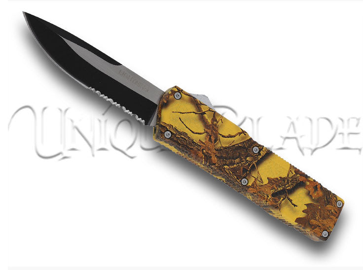 Real Tree Yellow Camouflage Lightning OTF Dual Action Knife: Blend in with Style – Precision and Camouflage Combine for a Tactical Edge.