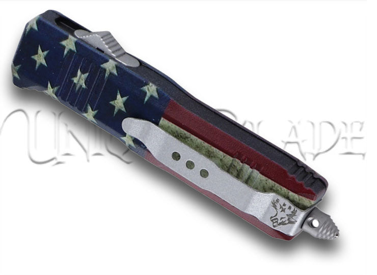 Red White and Blue-Blooded Damascus Steel Automatic OTF Knife