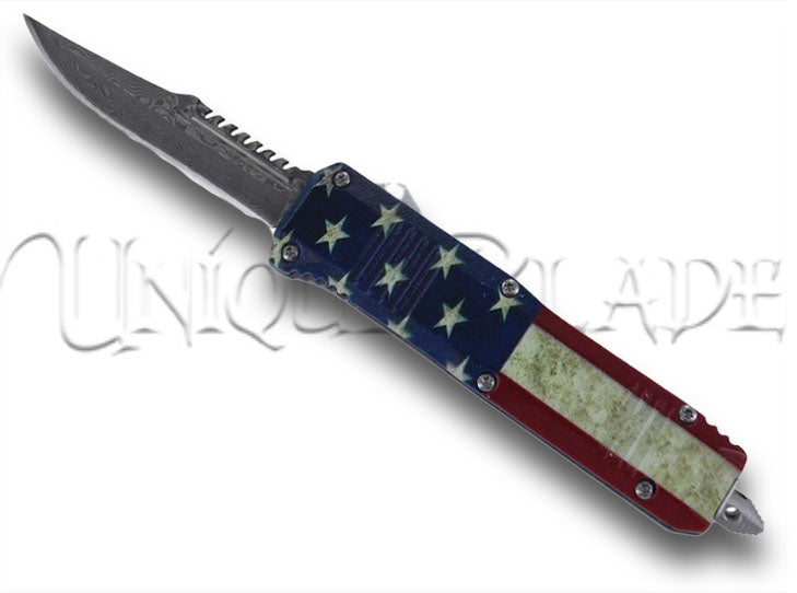 Red, White, and Blue-Blooded Damascus Steel Automatic OTF Knife - Patriotic Precision - This OTF knife combines a vibrant red, white, and blue design with a Damascus steel blade for a striking and patriotic cutting tool.