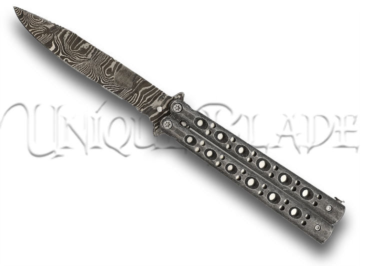 Shattered Without Hesitation Tanto Balisong Butterfly Knife Damascus Steel Blade  Drop Point