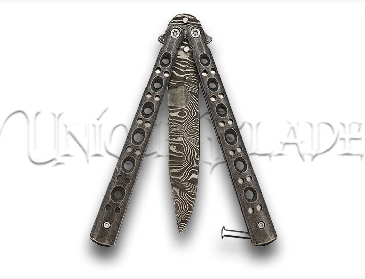 Shattered Without Hesitation Tanto Balisong Butterfly Knife Damascus Steel Blade  Drop Point