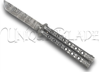 Shattered Without Hesitation Tanto Balisong Butterfly Knife Damascus Steel Blade Tanto Point