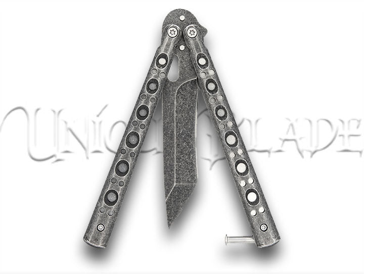 Shattered Without Hesitation Tanto Balisong Butterfly Knife Stonewash Blade