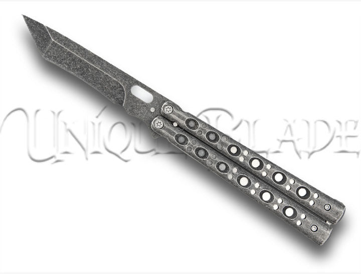 Shattered Without Hesitation Tanto Balisong Butterfly Knife Stonewash Blade
