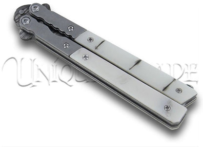 White Widow balisong Damascus Steel Butterfly Drop point Knife