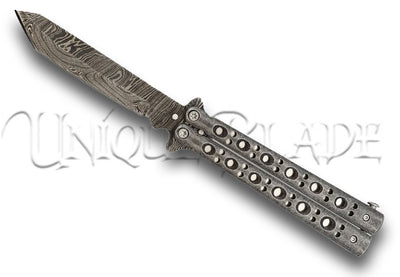 Steel Coal Strike Butterfly Knife: Damascus Steel Tanto Point Blade – Unleash Precision and Artistry with Every Flipping Motion.
