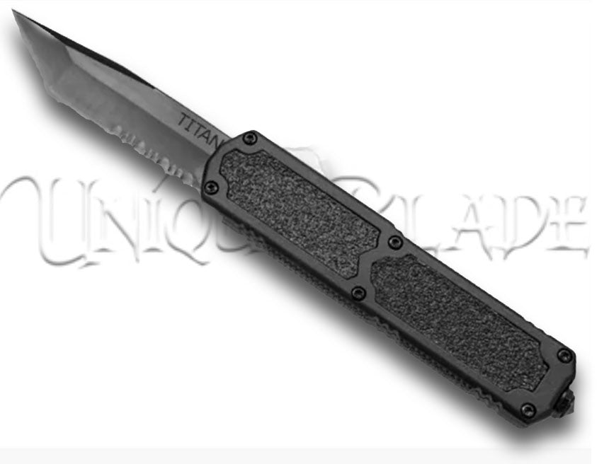 Titan Black OTF Automatic Knife featuring Tanto Black Serrated Blade - Precision Craftsmanship for Tactical Excellence.