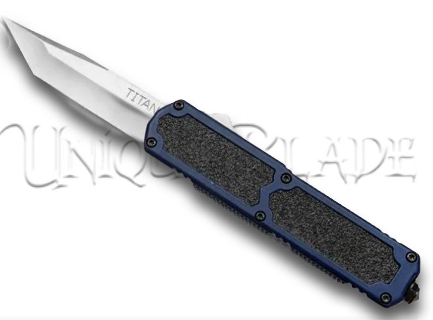 Titan Blue OTF Automatic Knife - Tanto Satin Plain