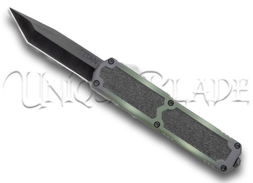 Titan Camo OTF Automatic Knife: Tanto Black Plain - Conquer with style using this camo-patterned out-the-front automatic knife, featuring a distinctive tanto black plain blade from the Titan collection.