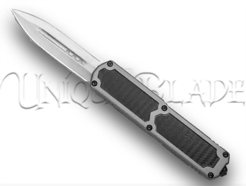 Titan Gray OTF Sim Carbon Fiber Automatic Knife: Sleek Simulated Carbon Fiber Design with Dagger Satin Plain Blade – Unleash Precision and Style in Every Swift Deployment.