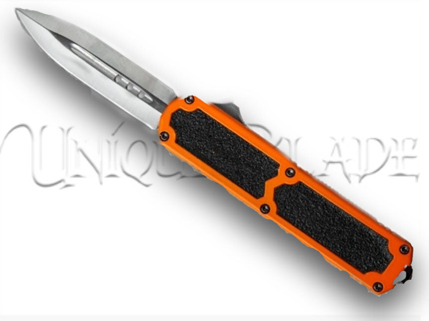 Titan Orange OTF Automatic Knife: Dagger Satin Plain - Experience the precision and style of this out-the-front automatic knife with a sleek dagger-style satin plain blade, all in a vibrant orange design.