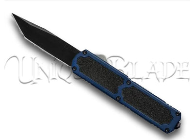 Titan Blue OTF Automatic Knife: Tanto Black Plain - Unleash precision and style with this blue out-the-front automatic knife, featuring a distinctive tanto black plain blade from the Titan collection.