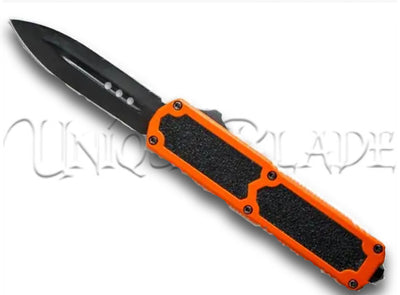 Titan OTF Orange Automatic Knife: Dagger Black Plain - Stand out with style using this orange out-the-front automatic knife, featuring a sleek dagger-style black plain blade from the Titan collection.