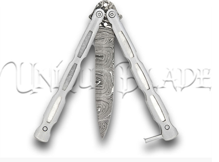 Unchained Balisong Butterfly Knife  Damascus Steel Blade Drop Point