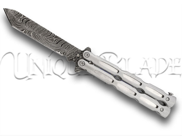 Unchained Balisong Butterfly Knife Damascus Steel Blade Tanto Point