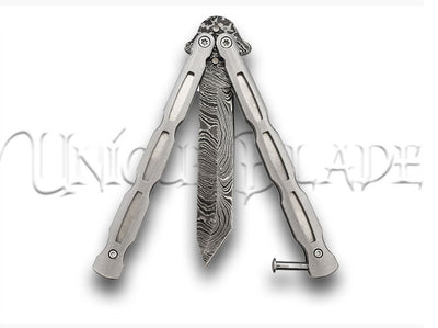 Unchained Balisong Butterfly Knife Damascus Steel Blade Tanto Point