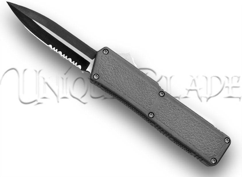 Lightning Out The Front Automatic Switchblade Knife - Gray Two Tone Serrated: A sleek and efficient OTF knife with a two-tone design and a serrated edge, offering style and cutting precision for a variety of applications.