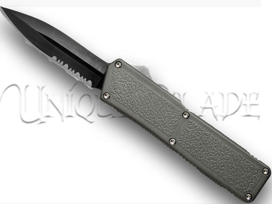 Lighting Out The Front Automatic Switchblade Knife Gray Solid Black Serrated