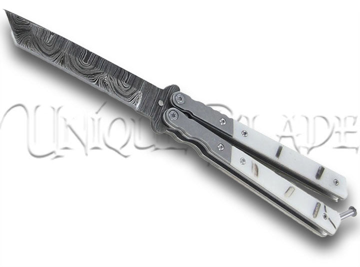 White Widow Maker Damascus Balisong Tanto White Marble Butterfly Knife