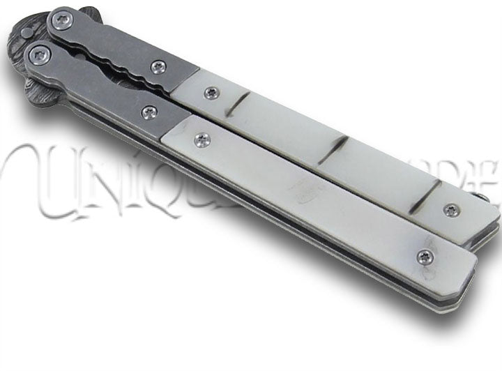 White Widow Maker Damascus Balisong Tanto White Marble Butterfly Knife