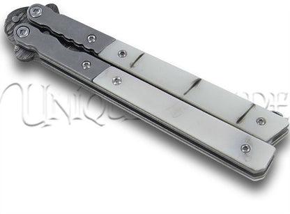 White Widow Maker Damascus Balisong Tanto White Marble Butterfly Knife