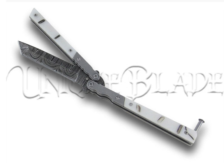 White Widow Maker Damascus Balisong Tanto White Marble Butterfly Knife