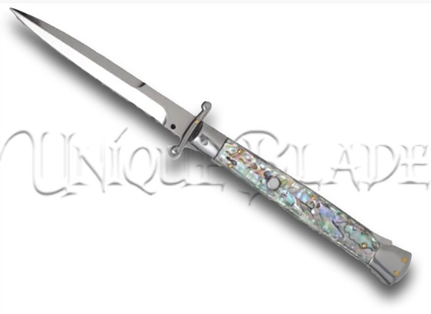 Frank B. 11" Italian Stiletto Swinguard Abalone Automatic Knife - Bayonet - Dive into sophistication with this 11" stiletto swinguard automatic knife, featuring an abalone handle and a bayonet blade for a stylish and distinctive touch.