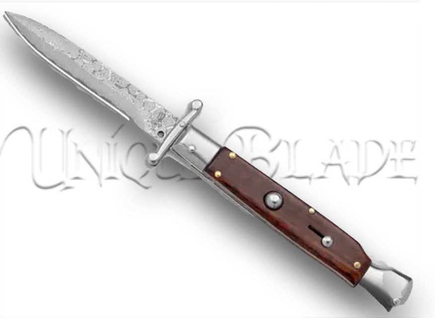 AKC Swinguard 9" Snakewood Damascus Blade - Elegance in Action - This Swinguard knife showcases a stunning snakewood handle and a Damascus blade, marrying sophistication with precision in every swing.