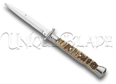 Frank B. 11" Italian Stiletto Swinguard Ram Horn Automatic Knife: Bayonet - Embrace classic Italian craftsmanship with this swinguard stiletto featuring a distinctive ram horn handle and a razor-sharp bayonet blade.