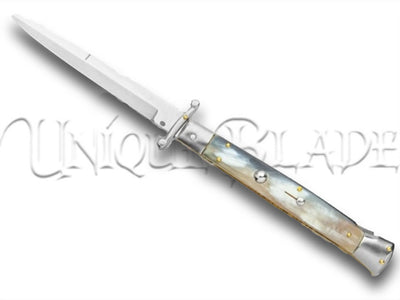 Frank B. 11" Italian Stiletto Swinguard Brazilian Horn Automatic Knife - Bayonet - Timeless Elegance, Swift Action - This swinguard automatic knife boasts a Brazilian horn handle and a classic bayonet blade for a perfect blend of style and functionality.