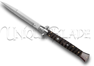Frank B. 11" Italian Stiletto Buffalo Horn Automatic Knife: Timeless Elegance and Functionality in a Bayonet Blade Design – Craftsmanship at its Finest.