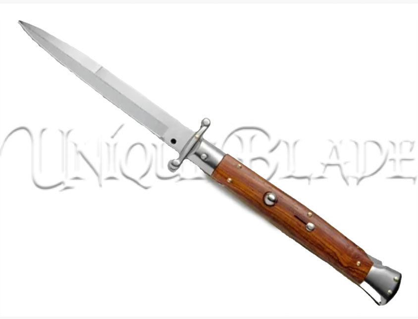 Frank B. 11" Cocobolo Italian Stiletto Swinguard Automatic Knife - Bayonet - Immerse yourself in Italian craftsmanship with this 11" stiletto swinguard automatic knife, featuring a cocobolo handle and a bayonet blade for timeless style and precision.