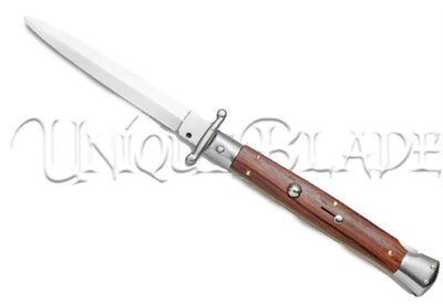 Frank B. 11" Cocobolo Italian Stiletto Swinguard Automatic Knife - Dagger - Elevate your collection with this 11" stiletto swinguard automatic knife, showcasing a cocobolo handle and a classic dagger blade for a perfect blend of tradition and style.