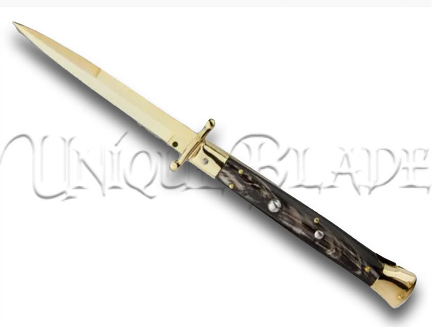 Frank B. 11" Italian Swinguard Gold Plated Dark Horn Automatic Knife - Bayonet