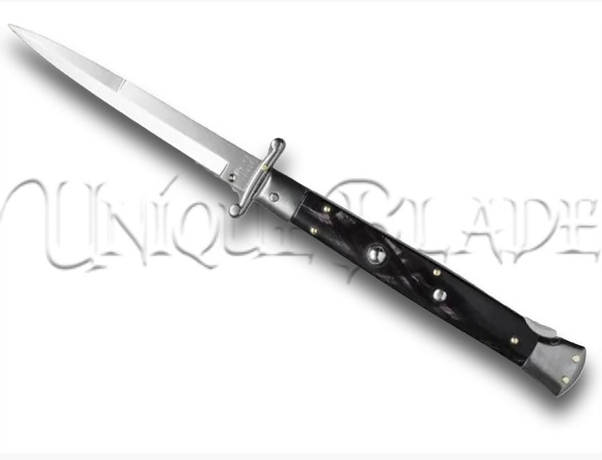 Frank B. 11" Italian Stiletto Swinguard Dark Horn Automatic Knife - Bayonet - Immerse yourself in Italian elegance with this 11" stiletto swinguard automatic knife, showcasing a dark horn handle and a classic bayonet blade for a touch of sophistication and precision.