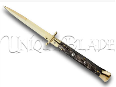 Frank B. 11" Italian Swinguard Gold Plated Dark Horn Automatic Knife - Bayonet - Immerse yourself in opulence with this 11" swinguard automatic knife, showcasing a gold-plated dark horn handle and a classic bayonet blade for a touch of elegance and precision.