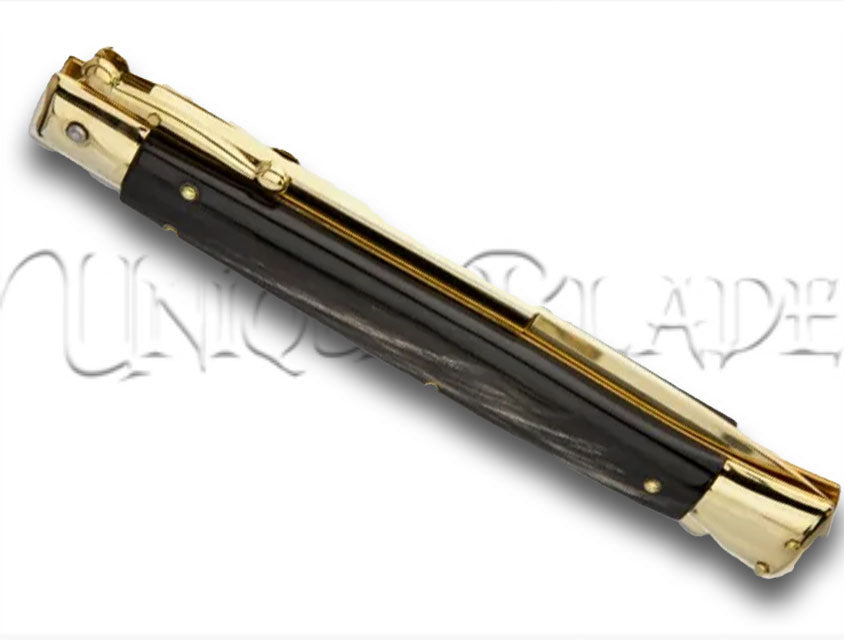 Frank B. 11" Italian Swinguard Gold Plated Dark Horn Automatic Knife - Bayonet