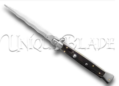 Frank B. 11" Italian Stiletto Swinguard Dark Horn Automatic Knife - Kriss - Elevate your collection with this 11" stiletto swinguard automatic knife, featuring a dark horn handle and a distinctive kriss blade for a perfect blend of tradition and style.